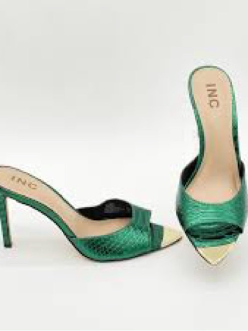 INC International Concepts Metallic Green Open-Toe Mule Heels with Gold Accents